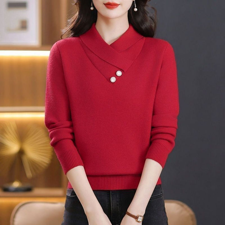Damen eleganter Strickpullover mit schickem V-Ausschnitt und dekorativen Knopfdetails Drune