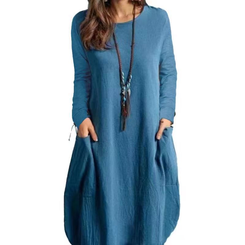 Damen lässiges Freizeitkleid mit seitlichen Taschen und Rundhalsausschnitt Drune