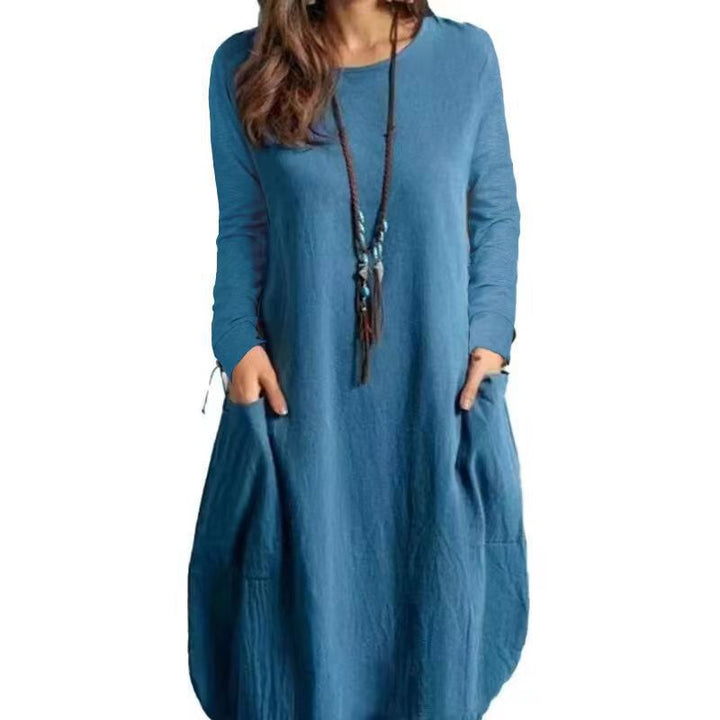 Damen lässiges Freizeitkleid mit seitlichen Taschen und Rundhalsausschnitt Drune