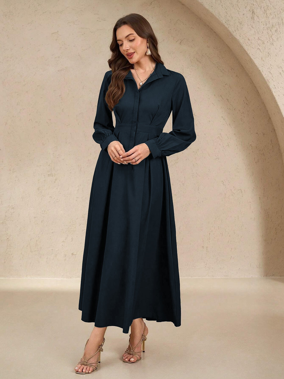 Damen Elegantes Hemdblusenkleid mit schwingendem Rock und praktischen Taschen Drune
