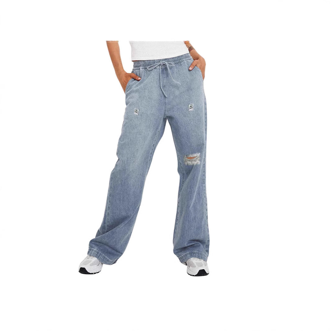 Damen lässige weite Denim-Hose mit elastischem Bund Drune