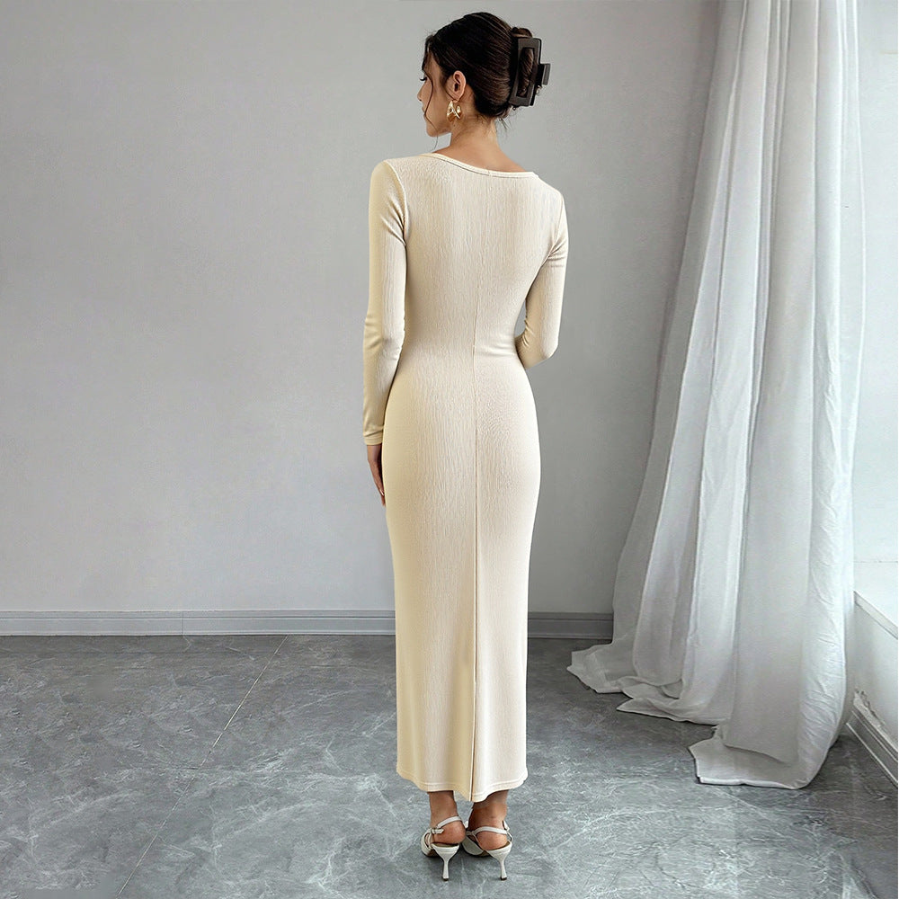 Damen Strick-Midikleid mit elegantem Wickeldesign und tiefem V-Ausschnitt Drune