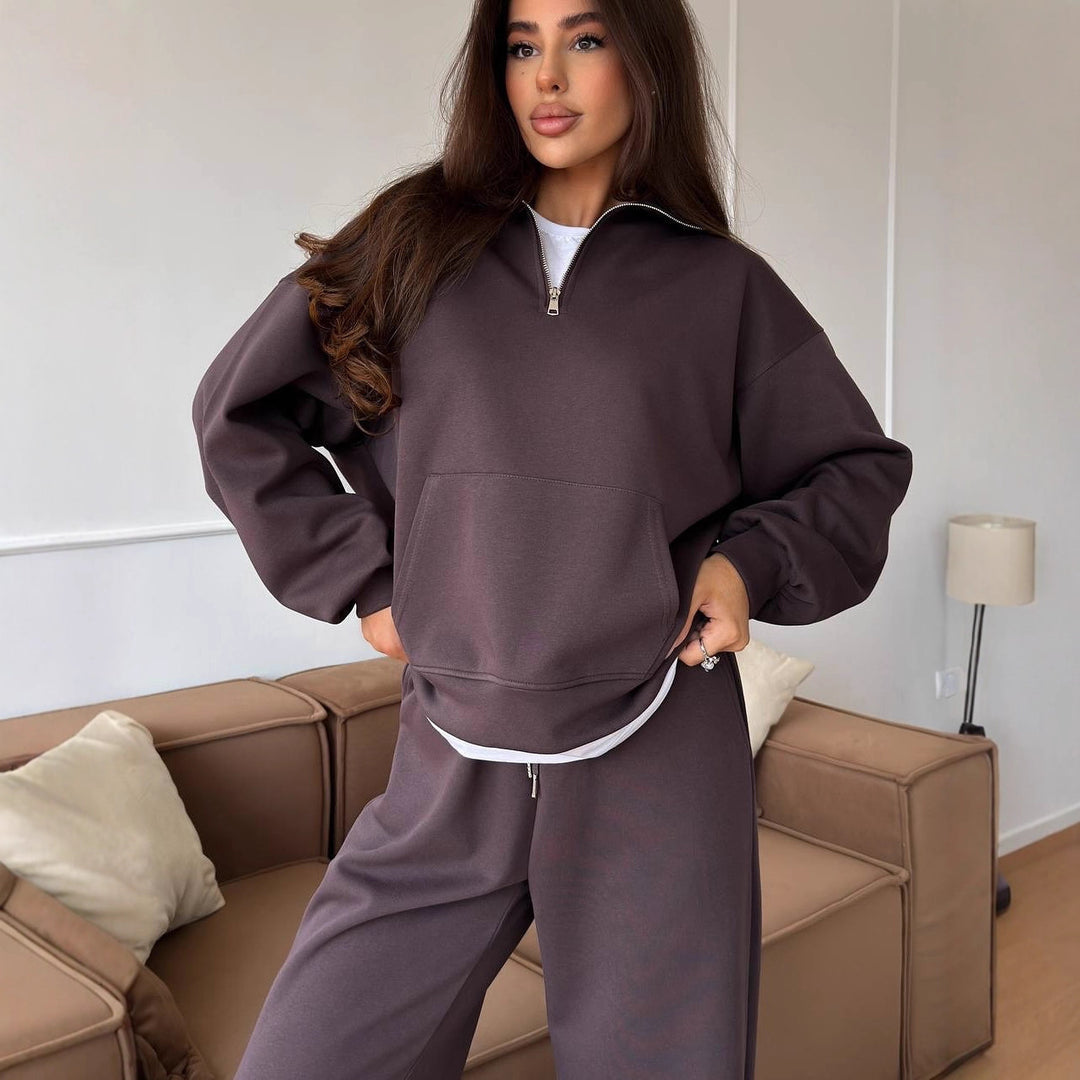 Damen nan weites Halfzip-Lounge-Set mit Kapuzenpullover, Kängurutasche und fließender Wide-Leg-Hose Drune