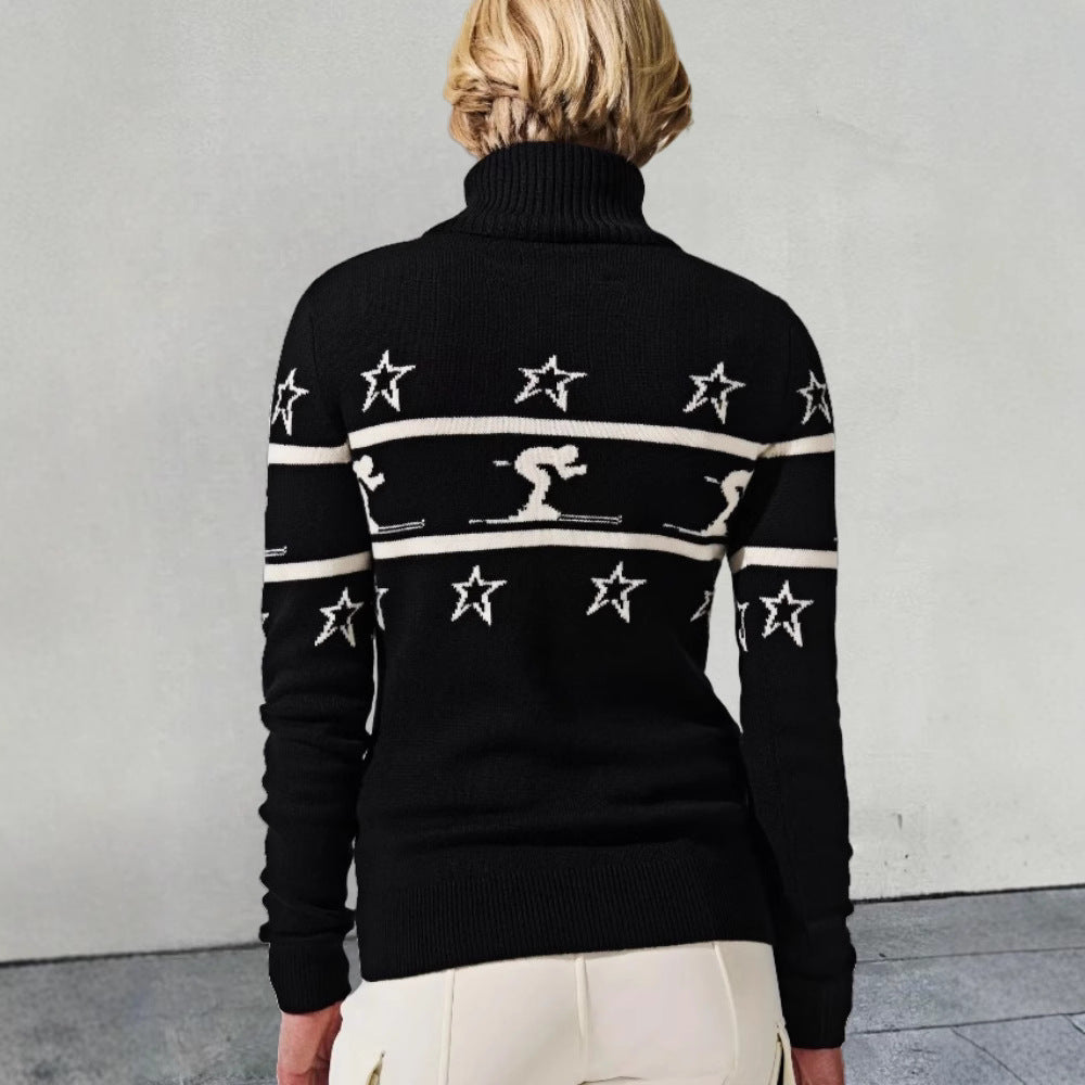 Damen Rollkragenpullover mit Skimotiv und Sternen Drune