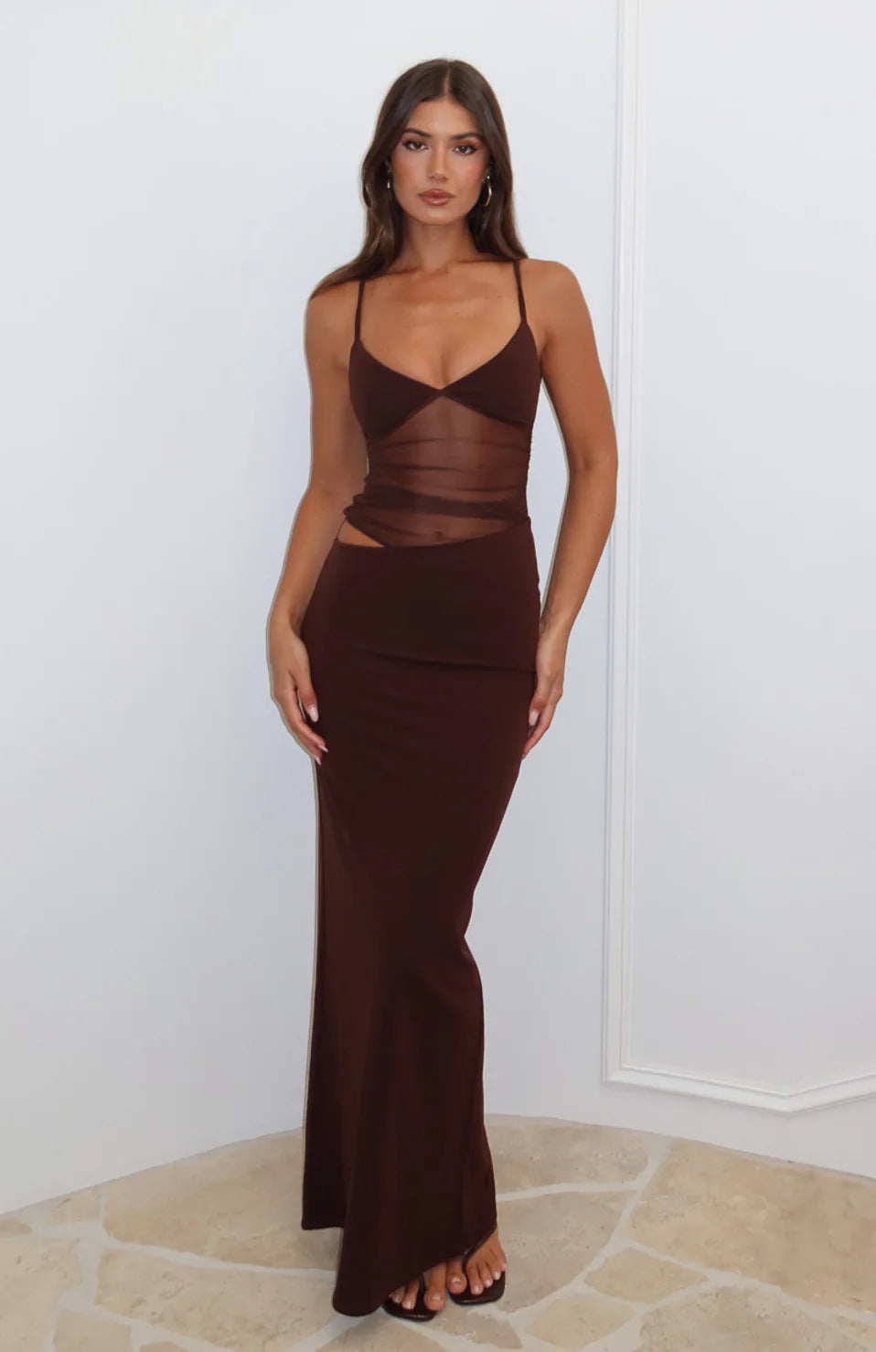 Damen Elegantes Maxikleid mit transparentem Oberteil und figurbetontem Schnitt Drune