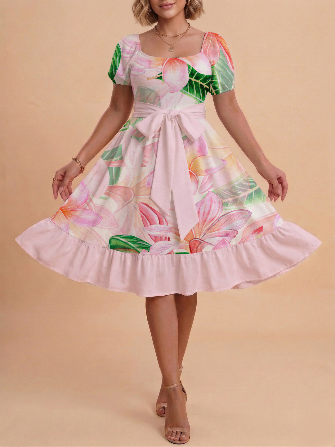 Damen Sommerkleid mit floralem Puffärmel und taillierbarem Gürtel Drune