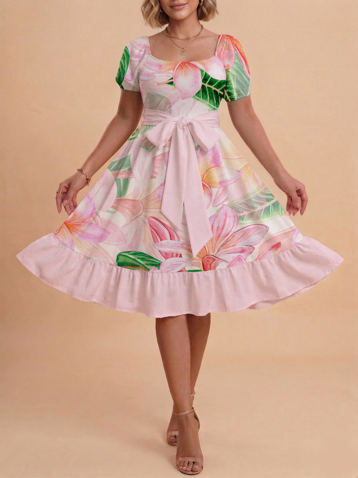 Damen Sommerkleid mit floralem Puffärmel und taillierbarem Gürtel Drune