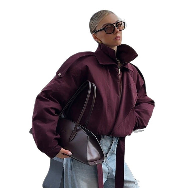 Damen moderne Oversized-Jacke mit Stehkragen und Taillengürtel Drune
