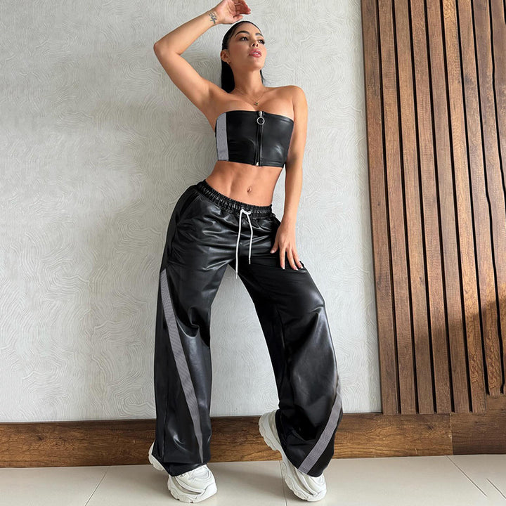 Damen nan weite Kunstleder-Trackpants mit elastischem Bund, Tunnelzug und seitlichen Streifen Drune