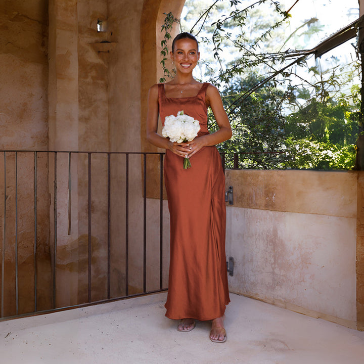 Damen elegantes Maxikleid mit seitlichem Schlitz und schmalen Trägern Drune