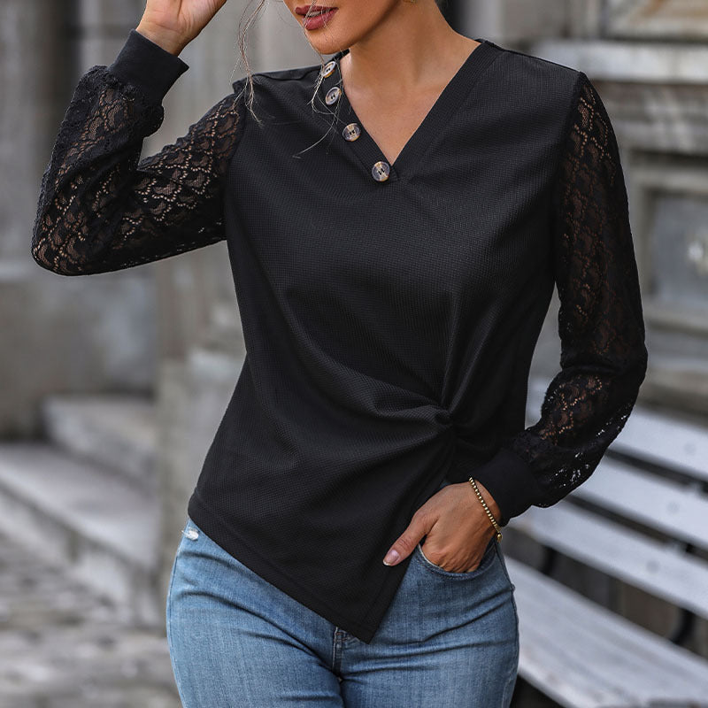 Damen Oberteil mit Spitze und Knopfdetails Drune