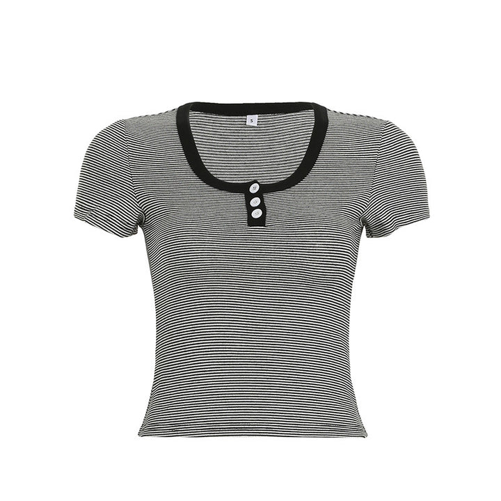 Damen Kurzarmshirt mit modischem Streifenmuster und dekorativen Knöpfen Drune