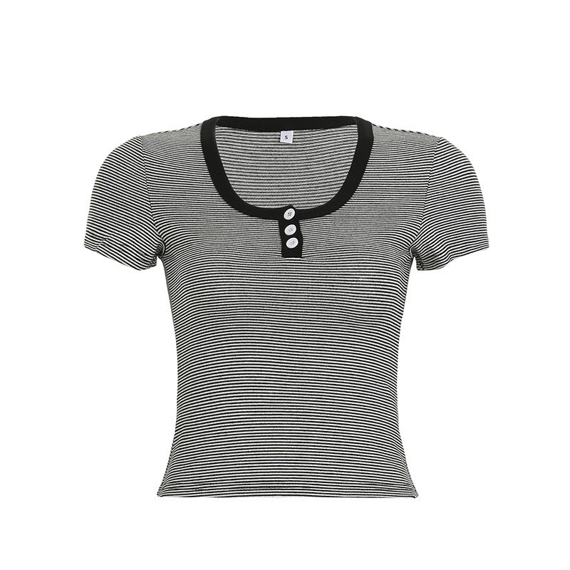 Damen modisches Kurzarmshirt mit Rundhalsausschnitt und Strukturdetails Drune