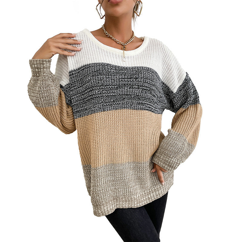 Damen lässiger Strickpullover mit blockierendem Farbdesign Drune