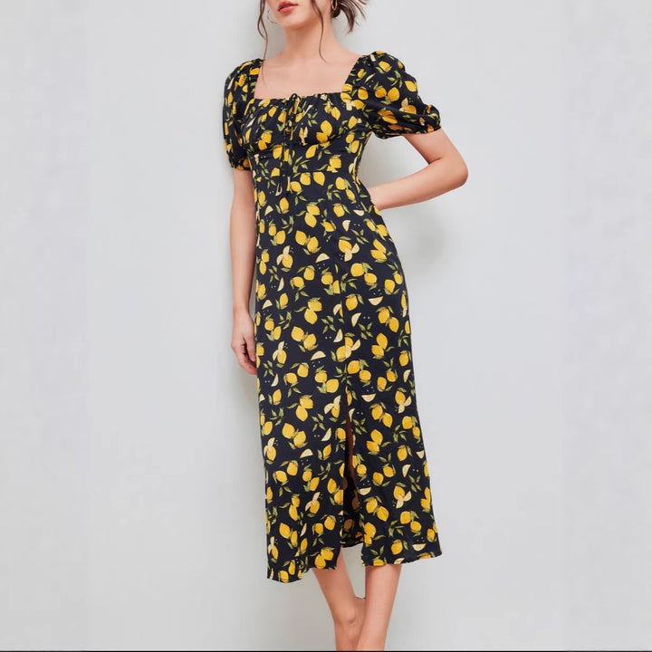 Damen Maxikleid mit pflanzlichem Muster und raffiniertem Schlitz Drune