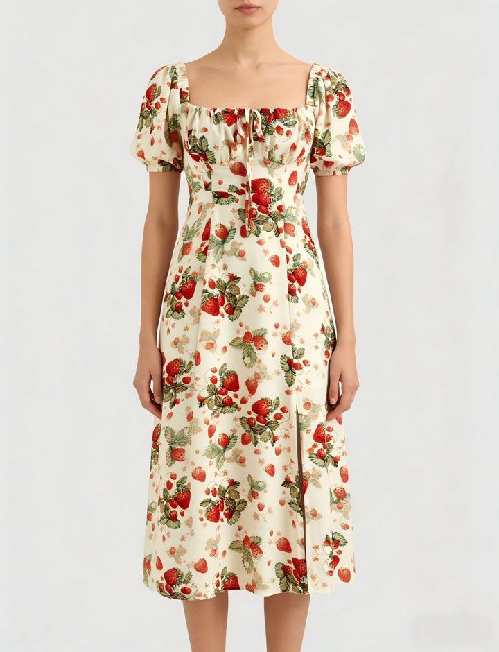 Damen Maxikleid mit pflanzlichem Muster und raffiniertem Schlitz Drune