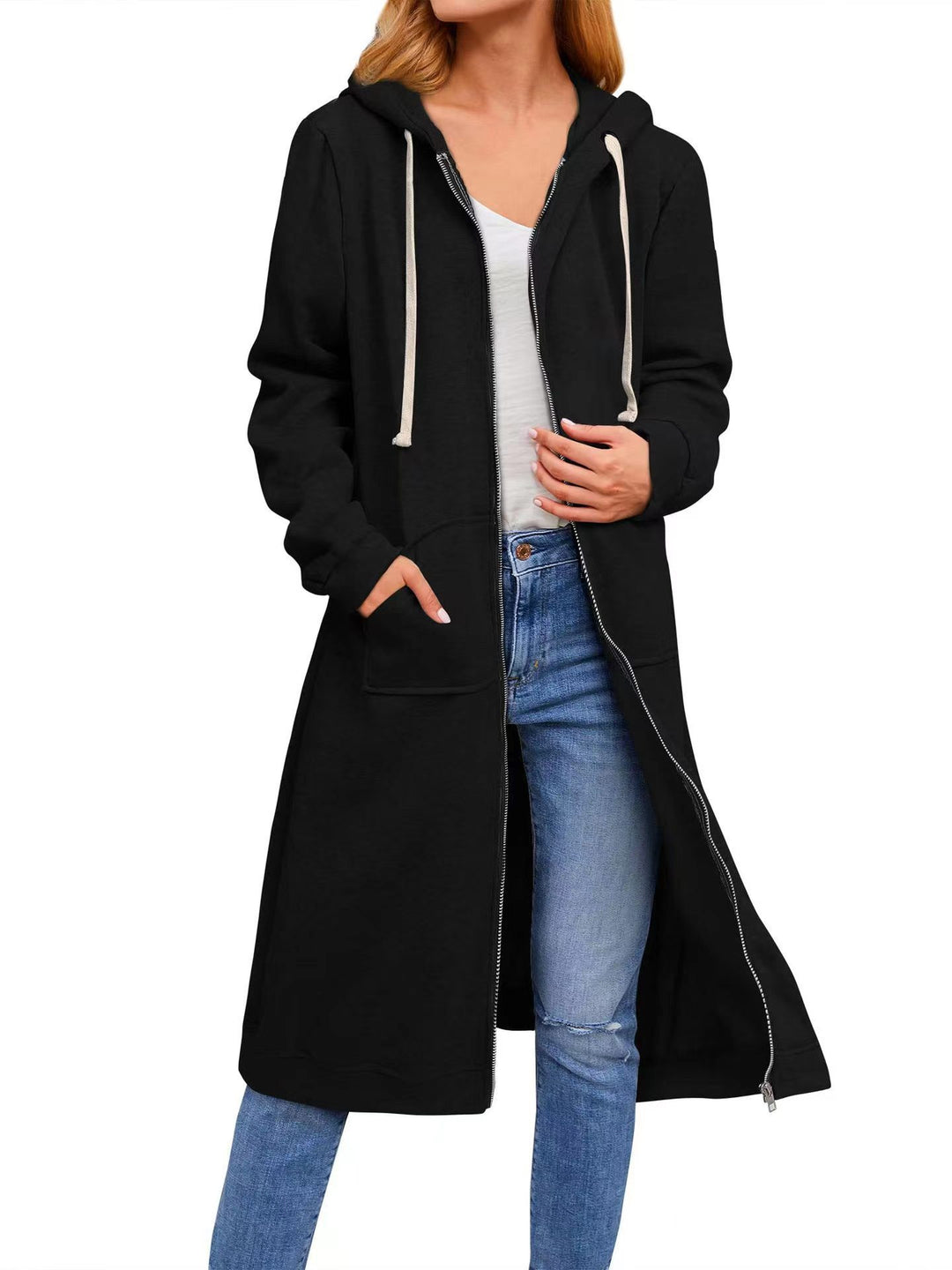 Damen Long Hoodie-Jacke aus bequemen Sweatmaterial mit Taschen Drune