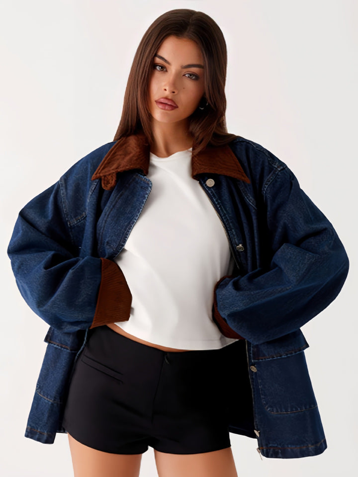 Damen Denimjacke mit Kapuze und kontrastierenden Ärmeln Drune