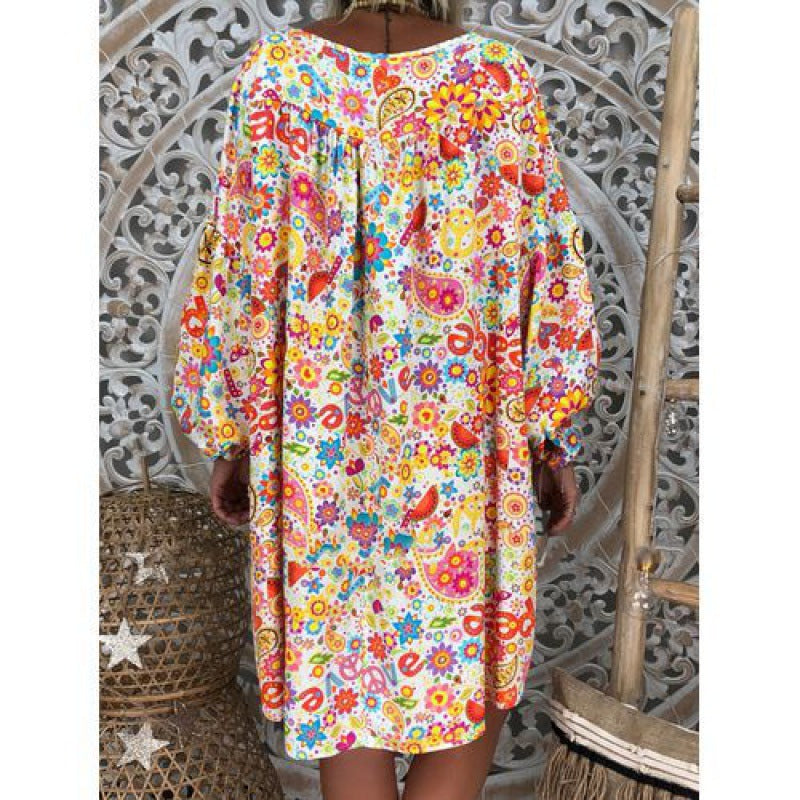 Damen Freizeitkleid mit buntem Blumenmuster und tiefem V-Ausschnitt Drune