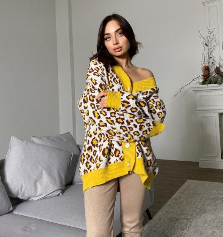 Damen Off-Shoulder Strickpullover im trendigen Leopardenmuster Drune