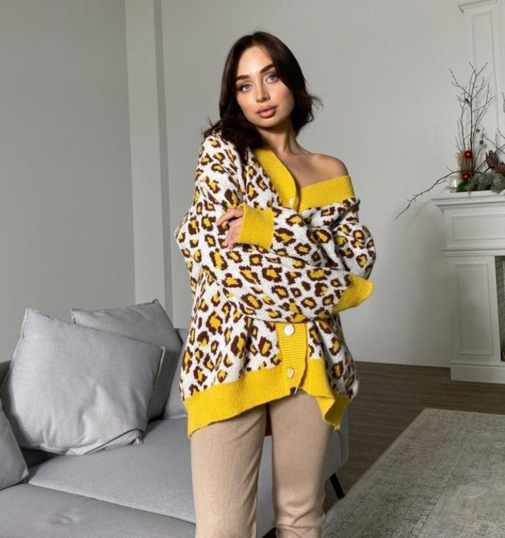 Damen Off-Shoulder Strickpullover im trendigen Leopardenmuster Drune