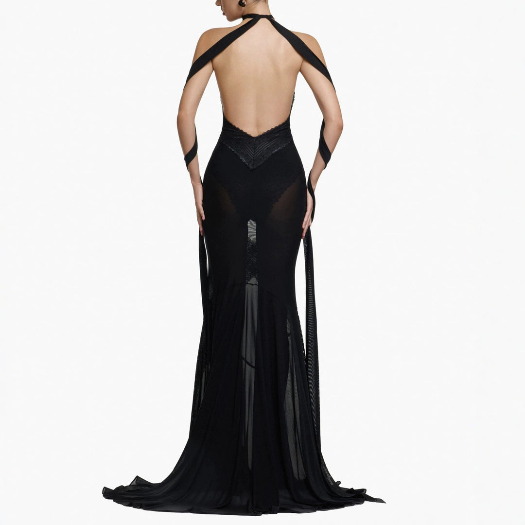 Damen Glamouröses Langarmkleid mit transparenten Einsätzen und raffinierten Drapierungen Drune