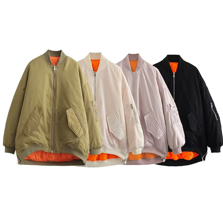 Damen modische Oversized Bomberjacke mit funktionalen Taschen und sportlichem Design Drune