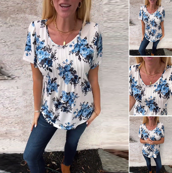 Damen nan Kurzarmbluse mit Kellerfalten, Rundhalsausschnitt und floralem Allover-Print Drune