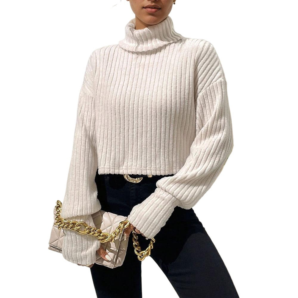 Damen cropped Pullover mit hohem Kragen und feiner Rippstruktur Drune