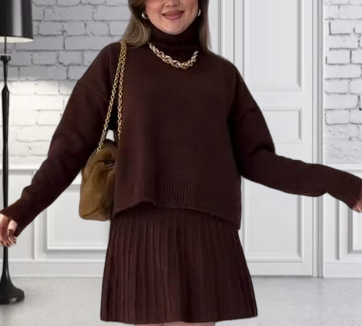 Damen Oversized Strickpullover mit hochwertiger Rippstruktur und passendem Minirock Drune