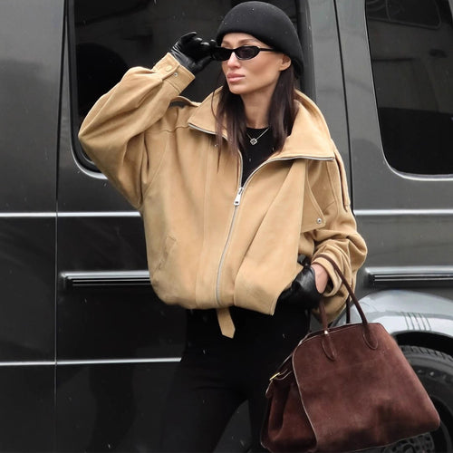 Damen Oversized Wildlederjacke mit asymmetrischem Schnitt und modischen Details Drune
