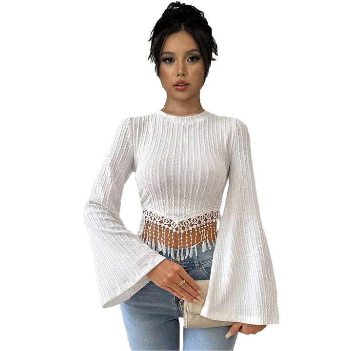 Damen elegantes Crop-Oberteil mit schickem Trompetenärmel und Spitze Drune