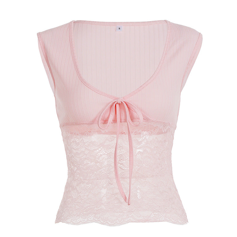 Damen Spitze Crop Top mit Bindeband und ärmellosem Design Drune