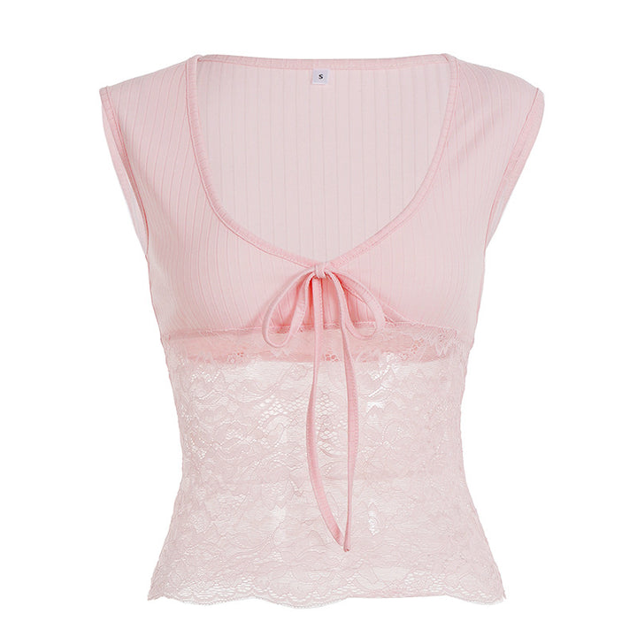 Damen Spitze Crop Top mit Bindeband und ärmellosem Design Drune
