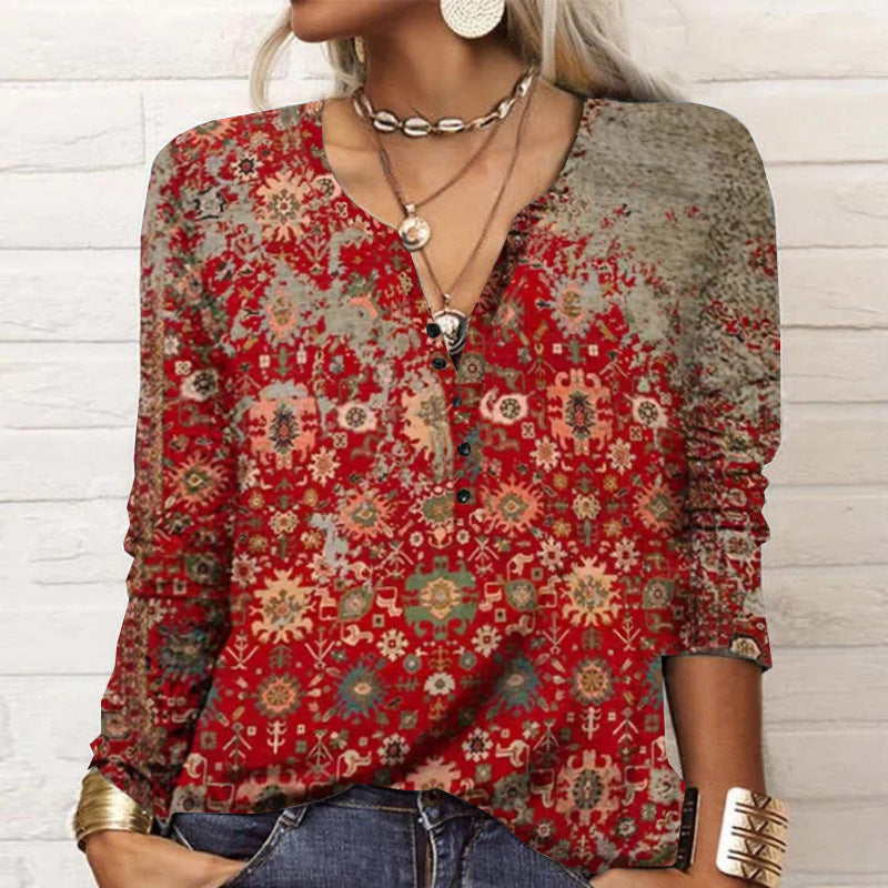 Damen langärmliges Casual-Shirt mit verspieltem Muster Drune