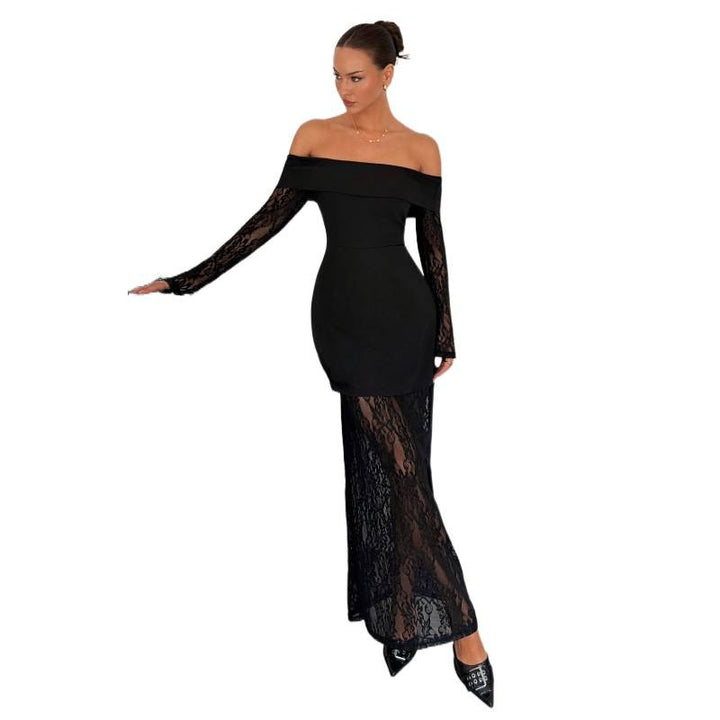 Damen Spitzen Abendkleid mit schulterfreiem Design und langen Ärmeln Drune
