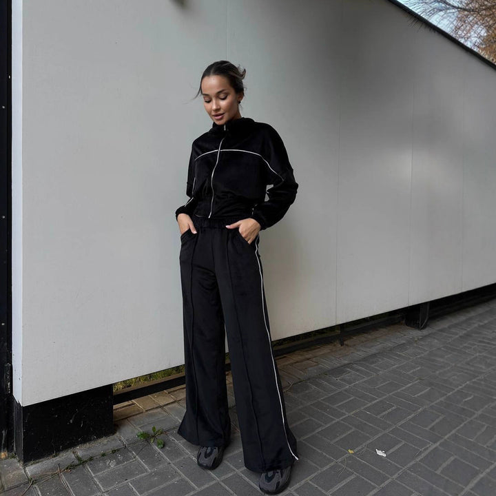 Damen trendiges und lässiges Fleece-Set mit hohem Kragen und elastischem Bund Drune