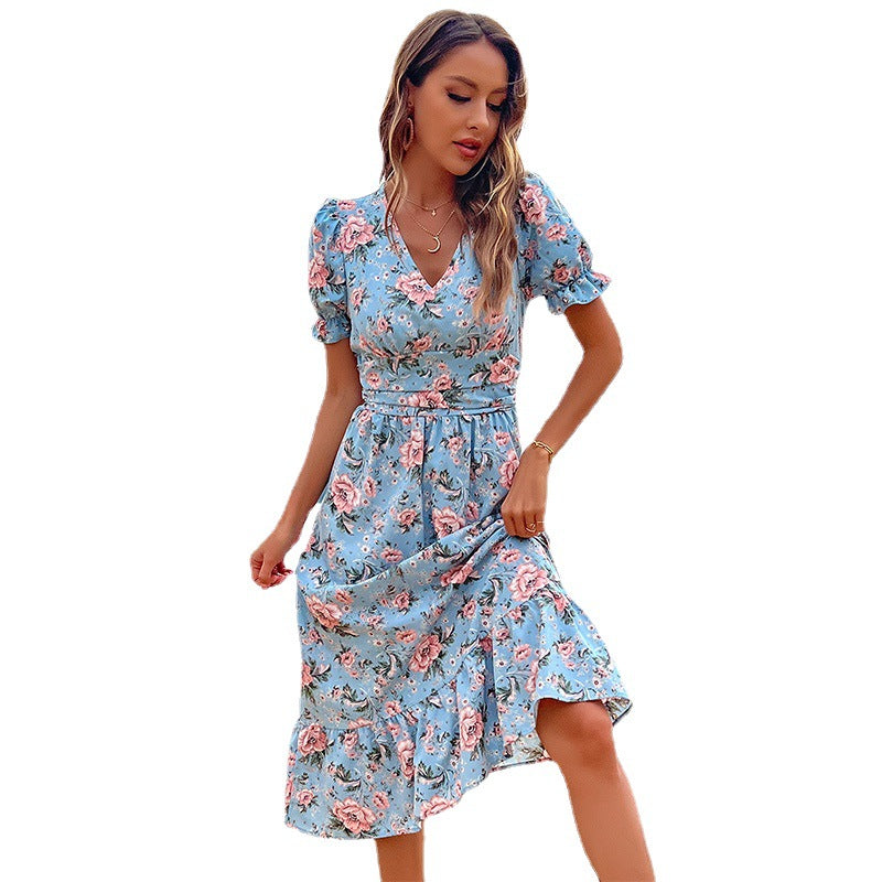Damen florales Midikleid mit Rüschendetails und Taillierung Drune