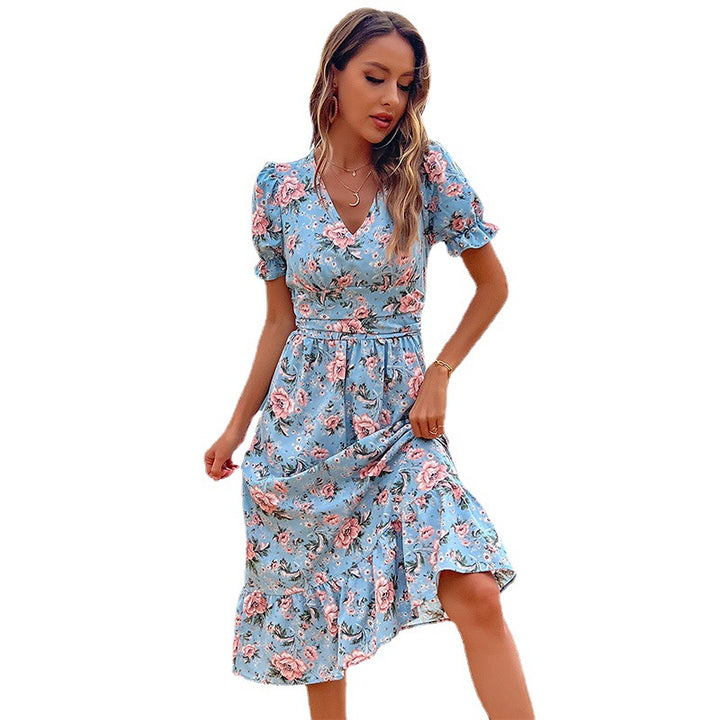 Damen florales Midikleid mit Rüschendetails und Taillierung Drune
