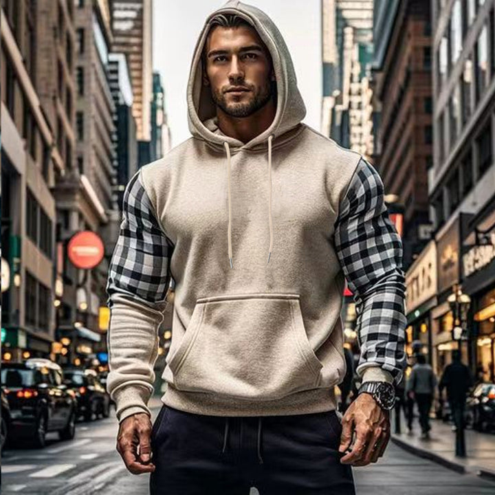 Herren Kapuzenpullover mit modischem Karomuster an den Ärmeln und praktischer Kängurutasche Drune
