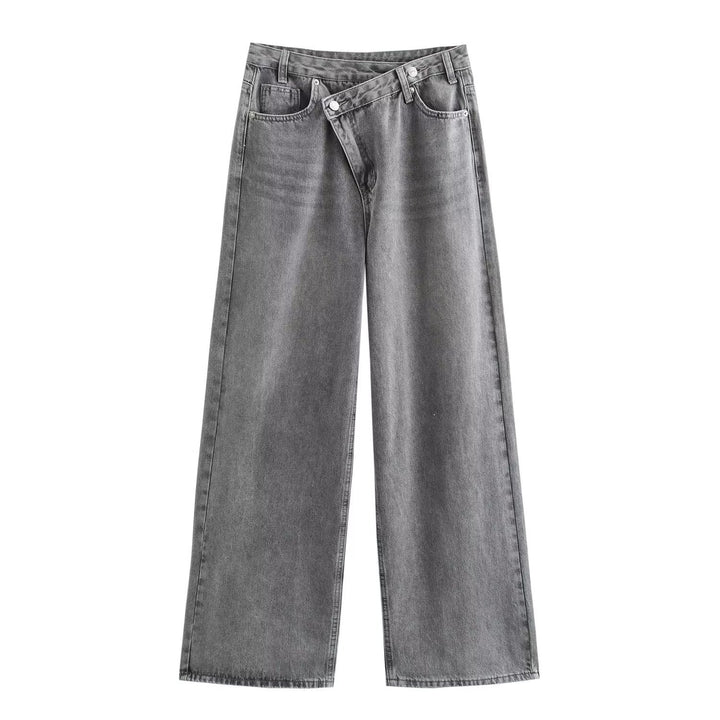Damen weit geschnittene Jeans mit asymmetrischem Knopfverschluss und hohen Taillen Drune