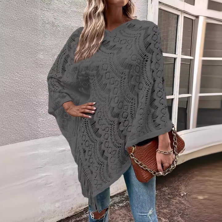 Damen Strickponcho mit auffälligem Häkelmuster und modischen Fransen Drune