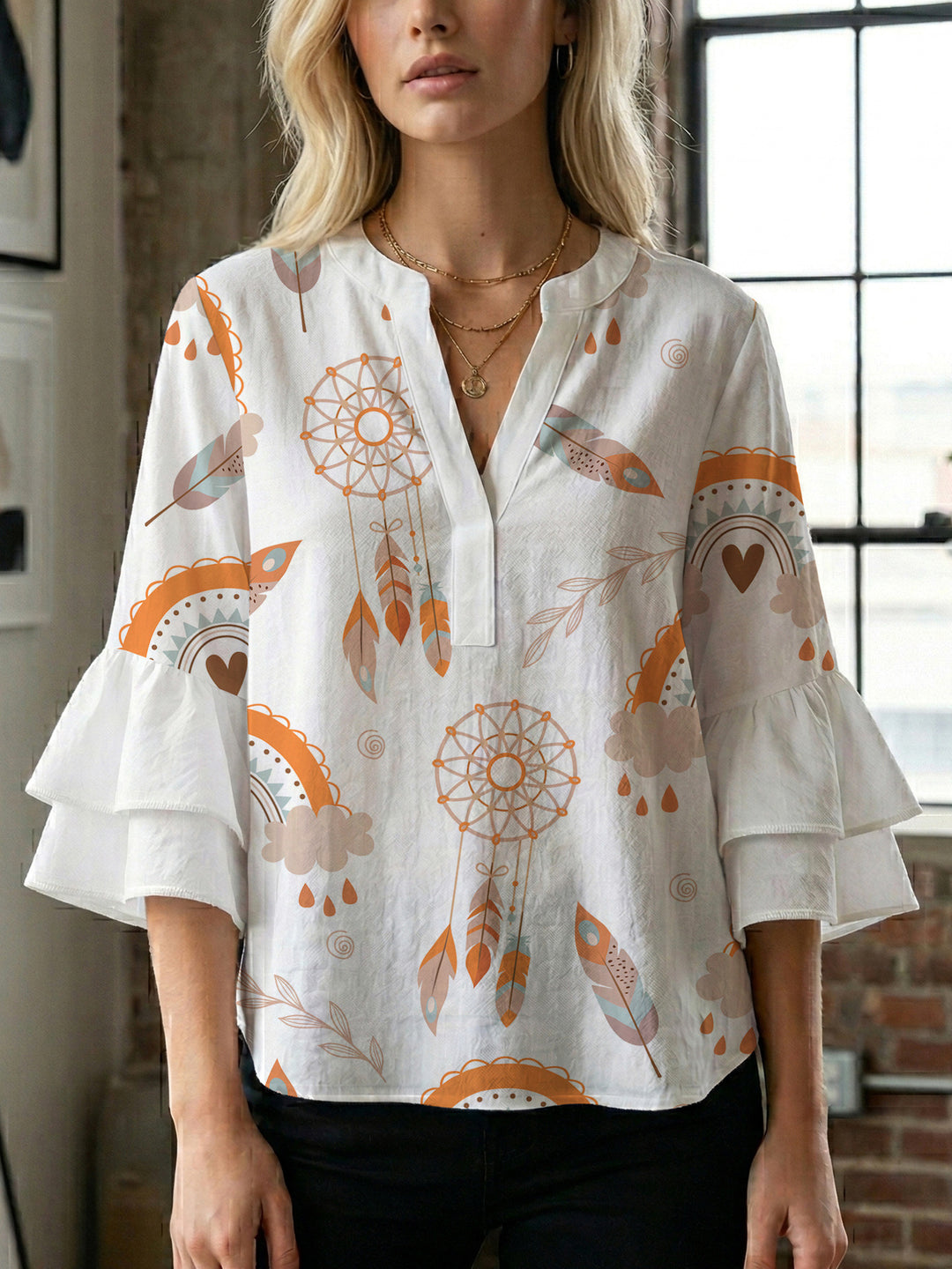 Damen Bluse mit voluminösen Flügelärmel und intensivem Blattmuster Drune