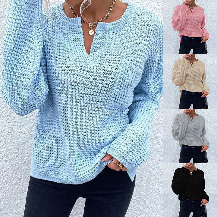 Damen lässiger Strickpullover mit V-Ausschnitt und strukturierter Oberfläche Drune