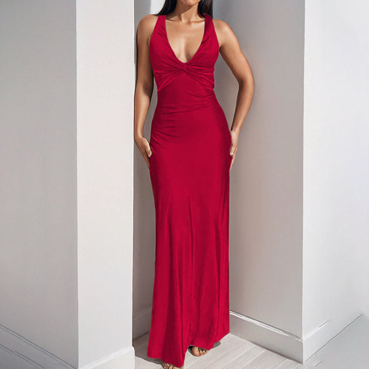 Damen Elegantes Maxikleid mit tiefem V-Ausschnitt und Raffung Drune