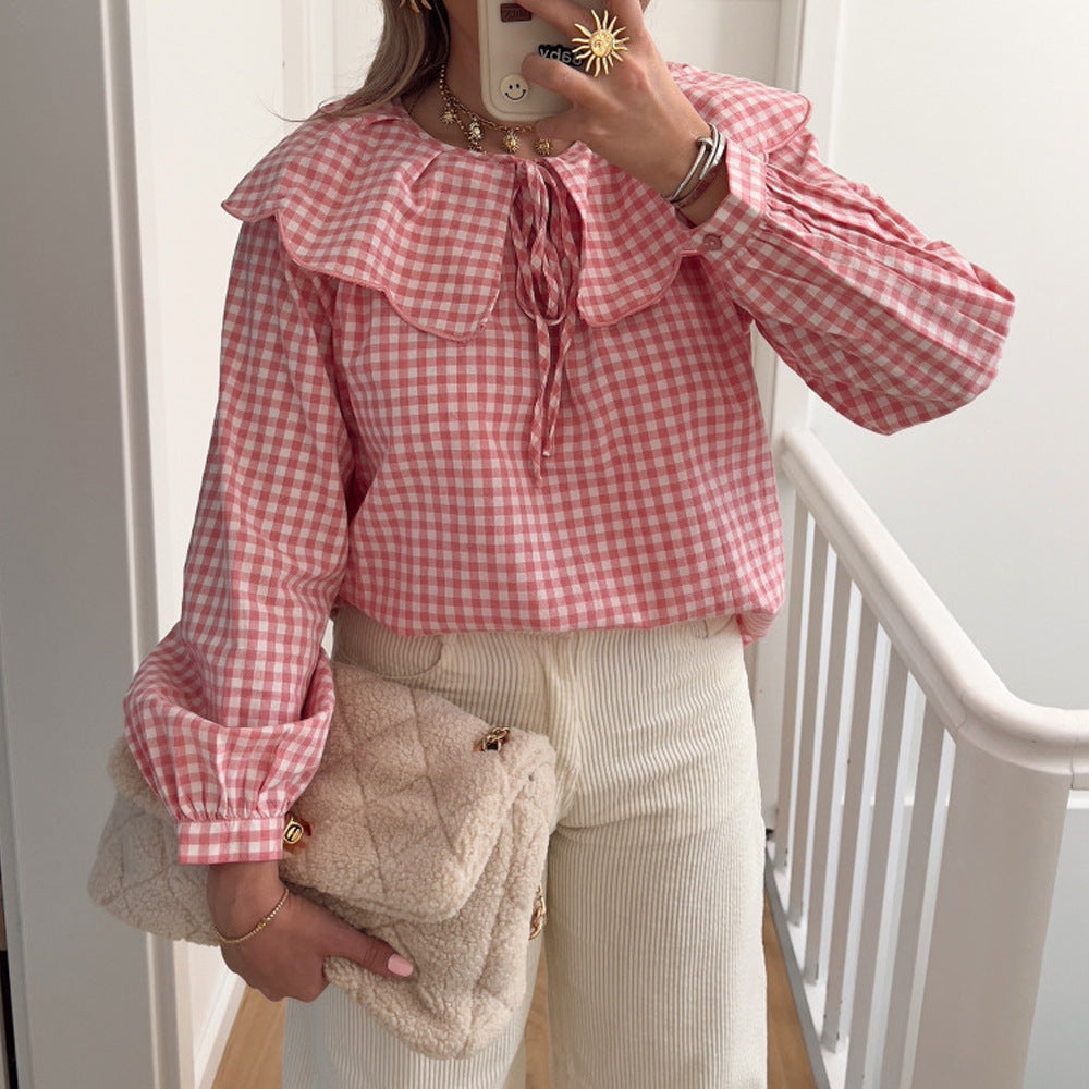 Damen Bluse mit Rüschensaum und Karomuster Drune