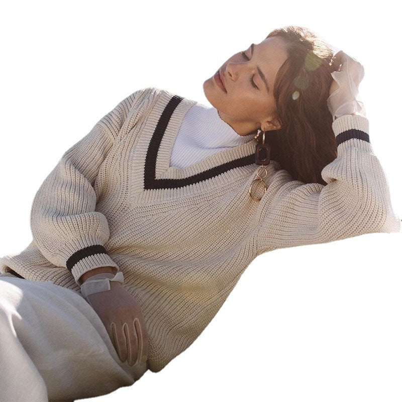 Damen trendiger V-Ausschnitt Pullover mit Puffärmeln und strukturiertem Gewebe Drune