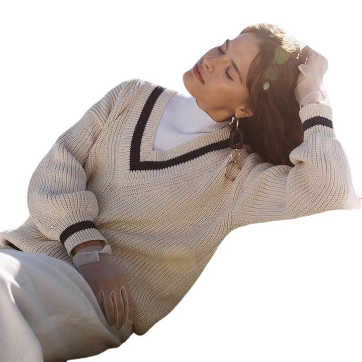 Damen trendiger V-Ausschnitt Pullover mit Puffärmeln und strukturiertem Gewebe Drune