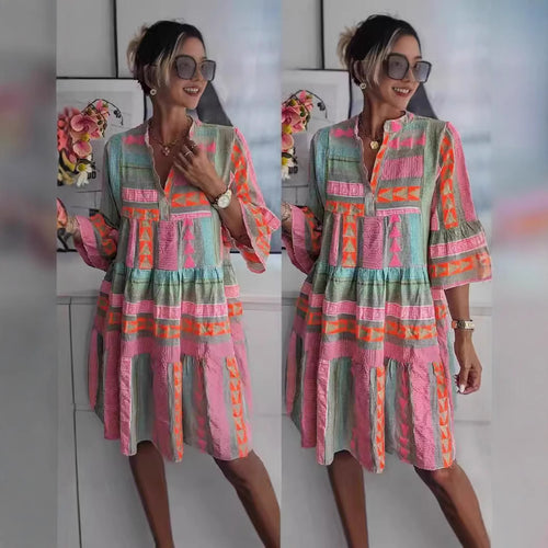 Damen luftiges Boho-Kleid mit eingewebten Mustern und kurzen Ärmeln Drune