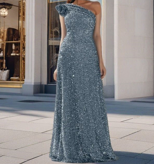 Damen Glamouröses Maxikleid mit schulterfreiem Design und funkelnden Pailletten Drune
